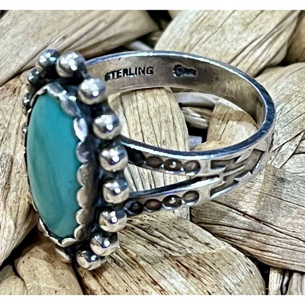Navajo Sleeping Beauty Turquoise Sterling Silver Ring Sz 6.75 Beaded Stamped - Picture 6 of 6